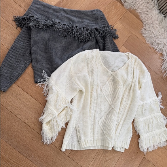 Fringe Knit Sweaters in Gray and Cream - Picture 4 of 6
